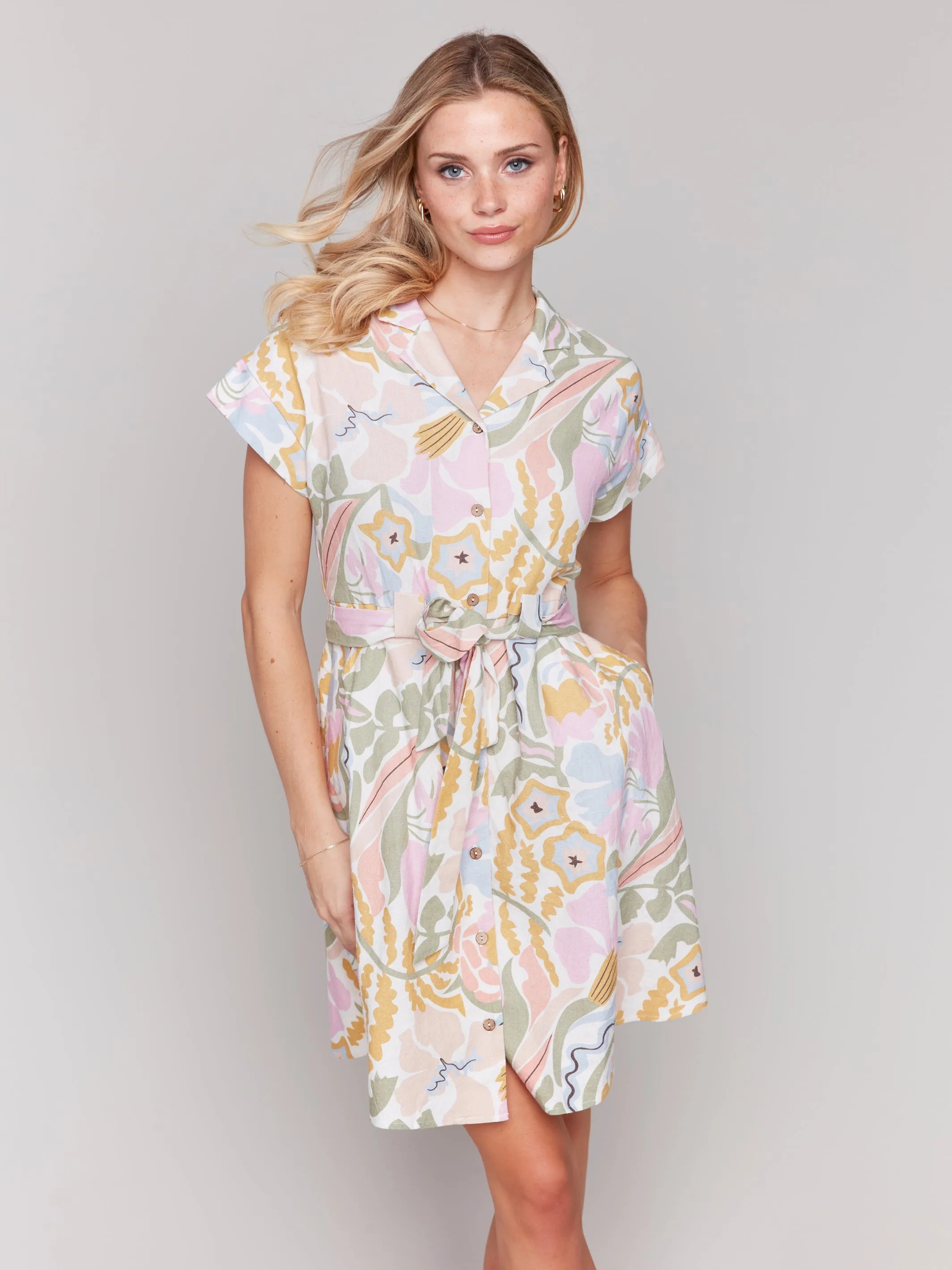 Linen Blend S/S Button Front Dress Pastel by Charlie B