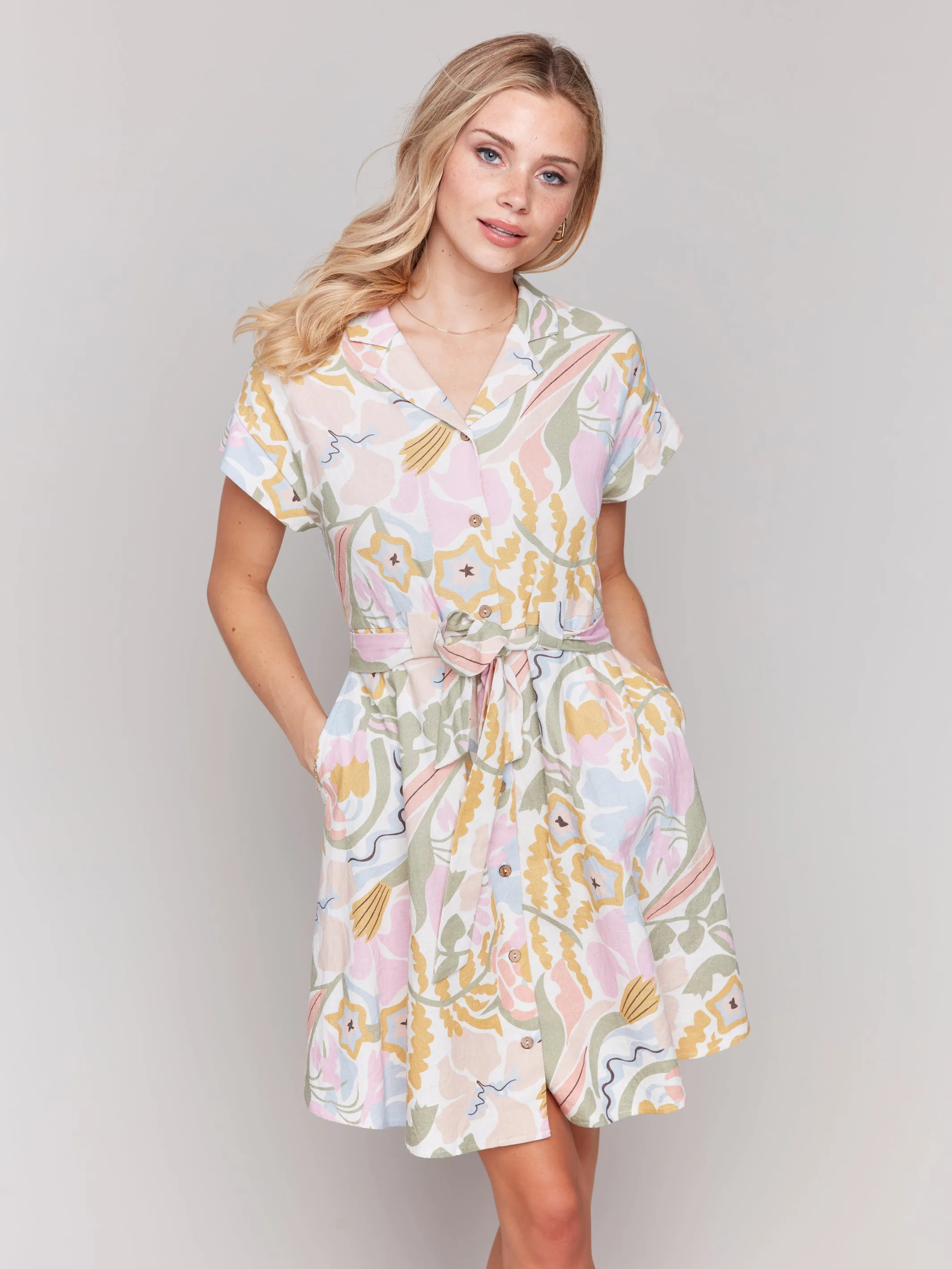 Linen Blend S/S Button Front Dress Pastel by Charlie B