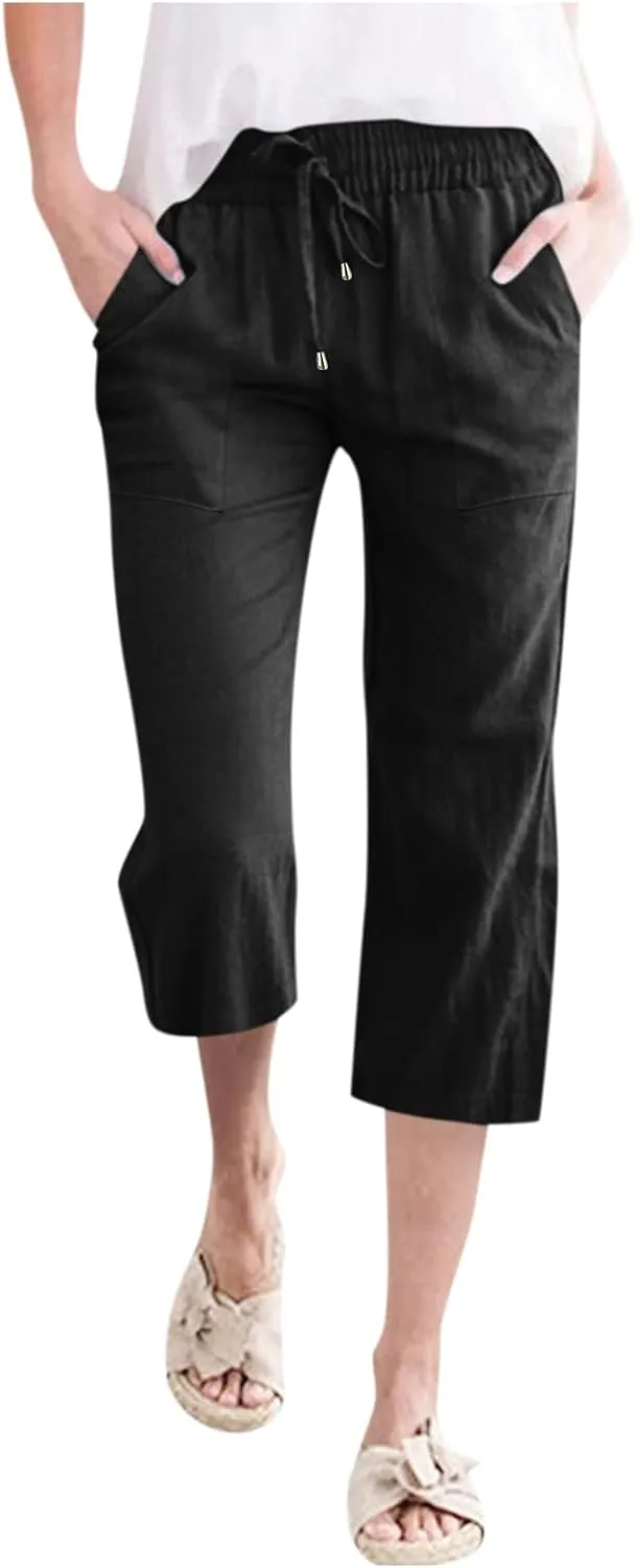 Linen Capri Pants For Women Petite Short Light Weight Casual Summer Straight Leg Cropped Trousers High Waist Pants