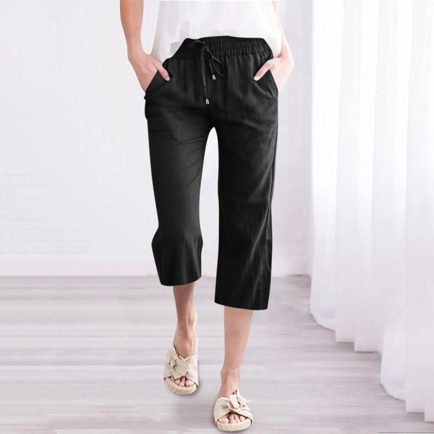 Linen Capri Pants For Women Petite Short Light Weight Casual Summer Straight Leg Cropped Trousers High Waist Pants