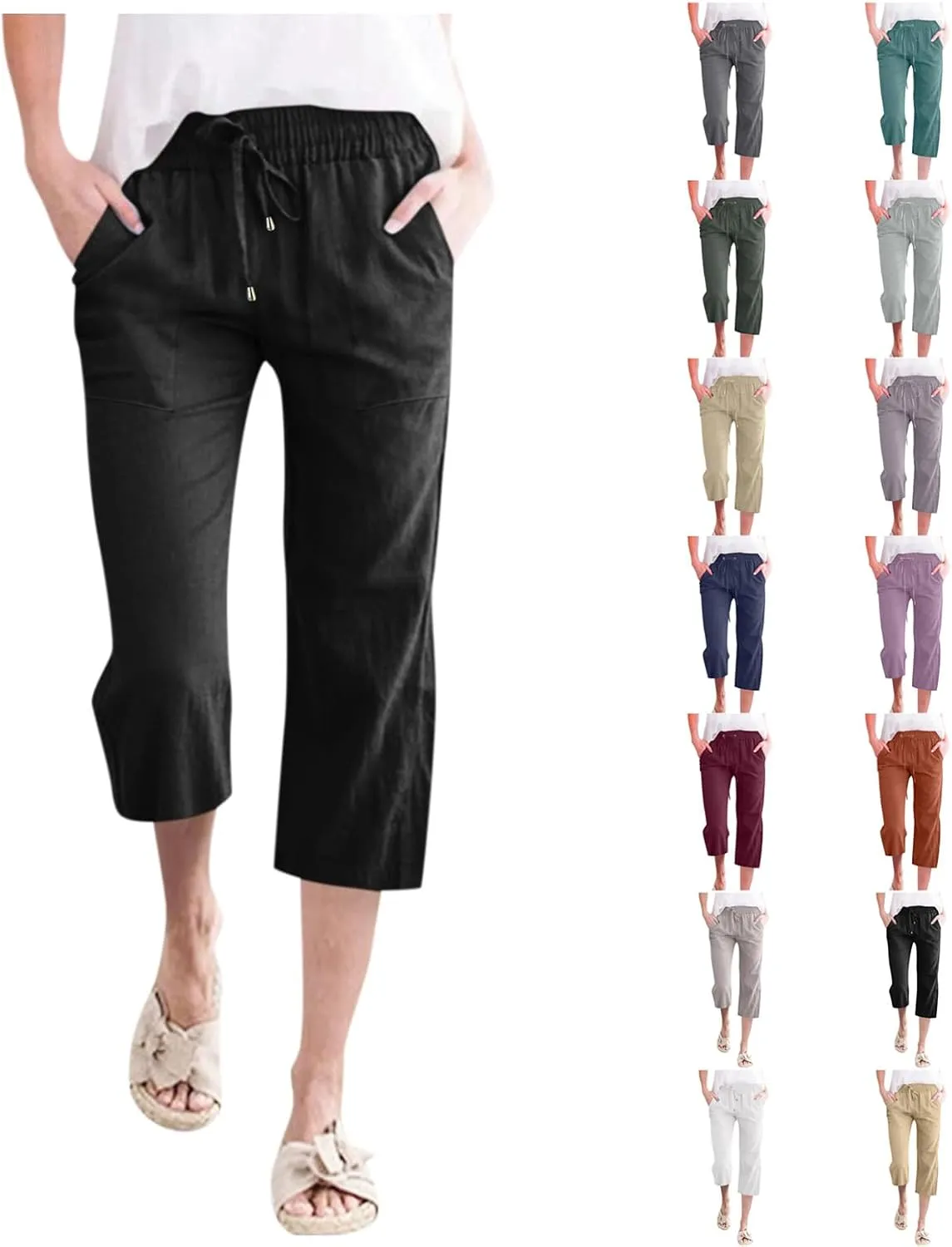 Linen Capri Pants For Women Petite Short Light Weight Casual Summer Straight Leg Cropped Trousers High Waist Pants