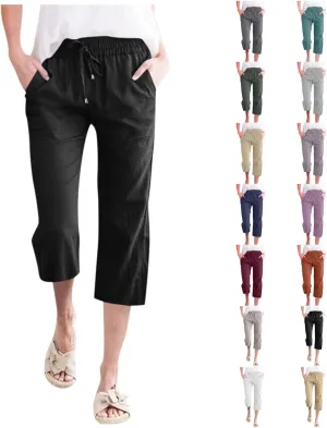 Linen Capri Pants For Women Petite Short Light Weight Casual Summer Straight Leg Cropped Trousers High Waist Pants