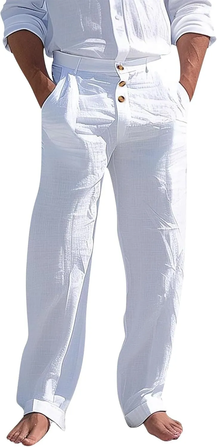 Linen Casual Dress Pants for Men High Waist Button Fly Straight Leg Trendy Formal Work Trousers Loose Beach Travel Pants