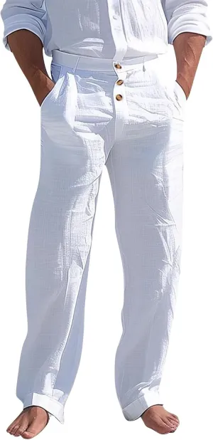 Linen Casual Dress Pants for Men High Waist Button Fly Straight Leg Trendy Formal Work Trousers Loose Beach Travel Pants