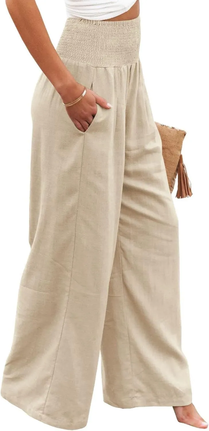Linen Palazzo Pants for Women High Waist Summer Wide Leg Pants Lightweight Flowy Drawstring Smocked Lounge Trousers