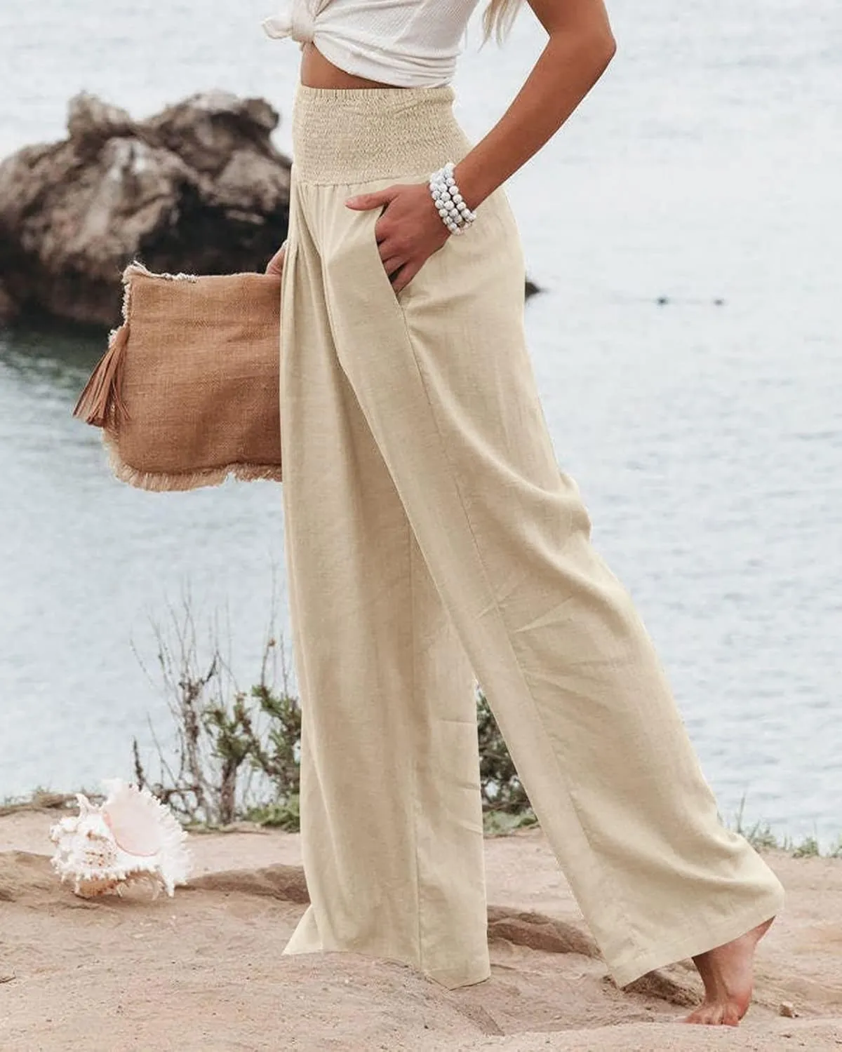 Linen Palazzo Pants for Women High Waist Summer Wide Leg Pants Lightweight Flowy Drawstring Smocked Lounge Trousers