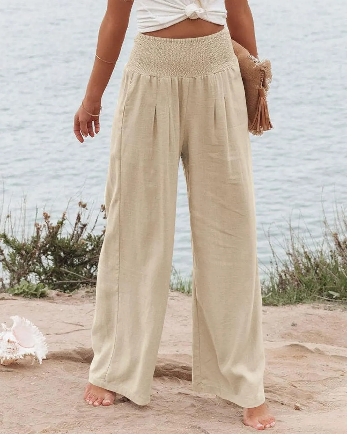 Linen Palazzo Pants for Women High Waist Summer Wide Leg Pants Lightweight Flowy Drawstring Smocked Lounge Trousers