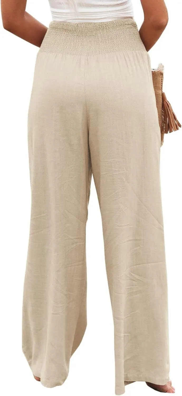 Linen Palazzo Pants for Women High Waist Summer Wide Leg Pants Lightweight Flowy Drawstring Smocked Lounge Trousers