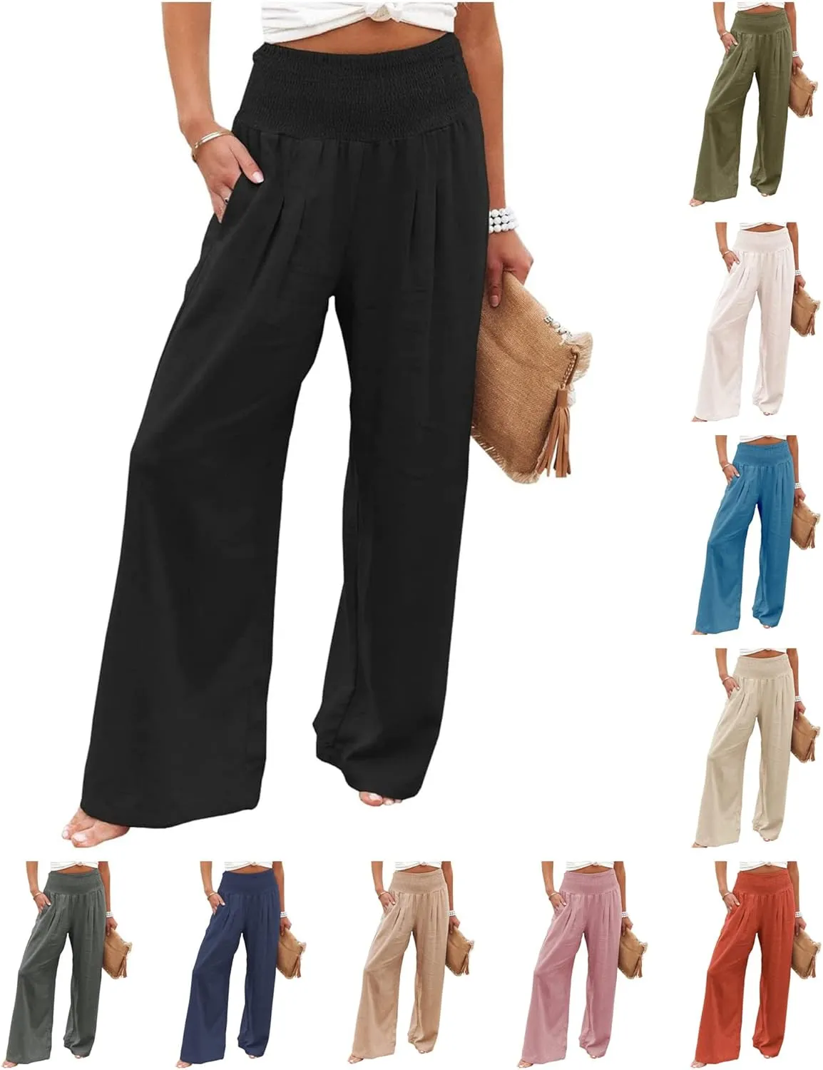 Linen Palazzo Pants for Women High Waist Summer Wide Leg Pants Lightweight Flowy Drawstring Smocked Lounge Trousers