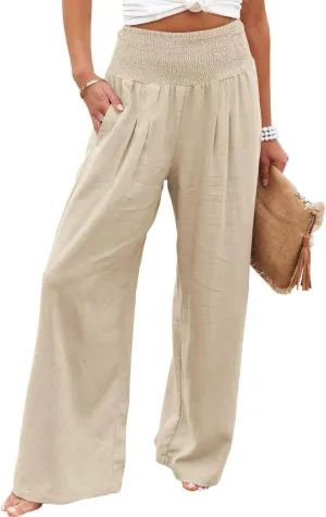 Linen Palazzo Pants for Women High Waist Summer Wide Leg Pants Lightweight Flowy Drawstring Smocked Lounge Trousers