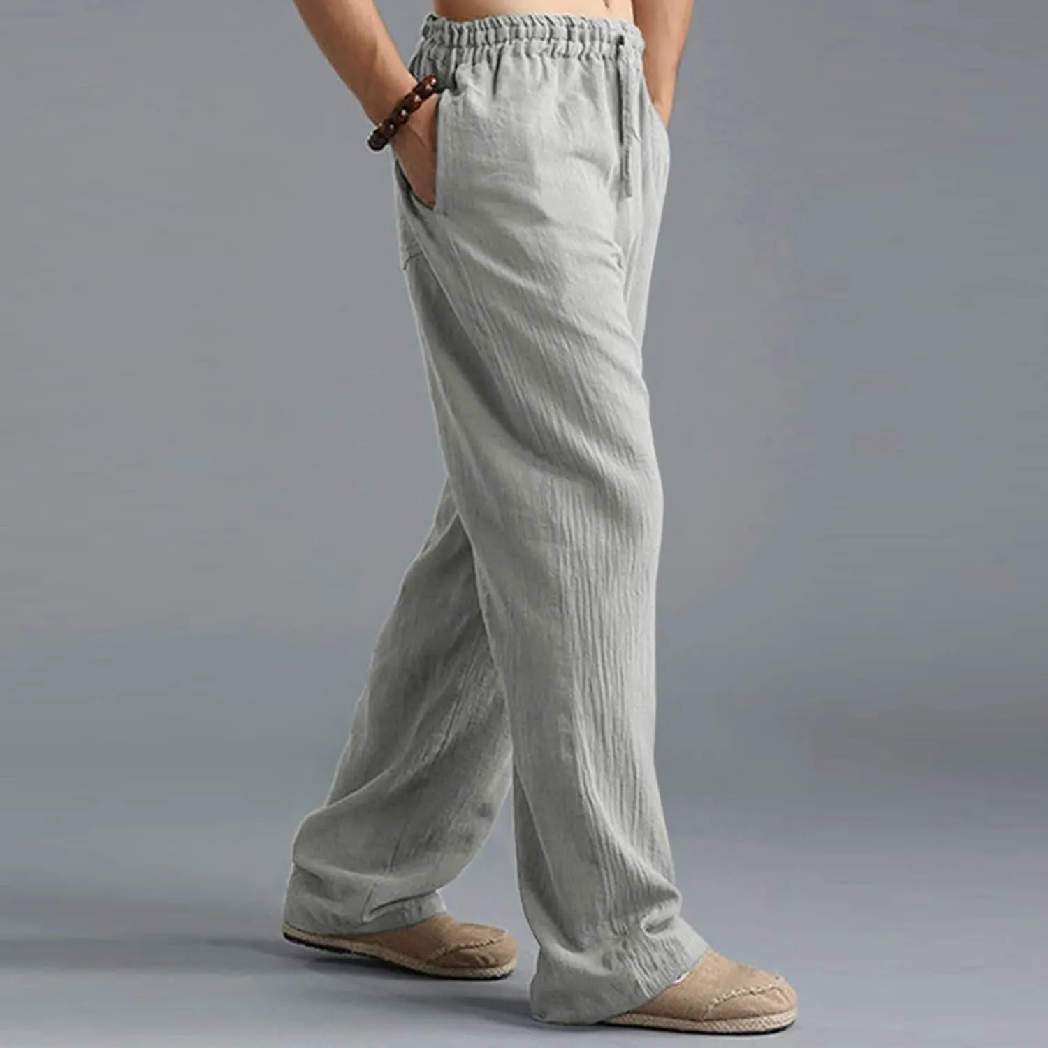 Linen Pants for Men Beach Classic Flat Front Chino Pants Casual Lightweight Straight Leg Summer Beach Trousers