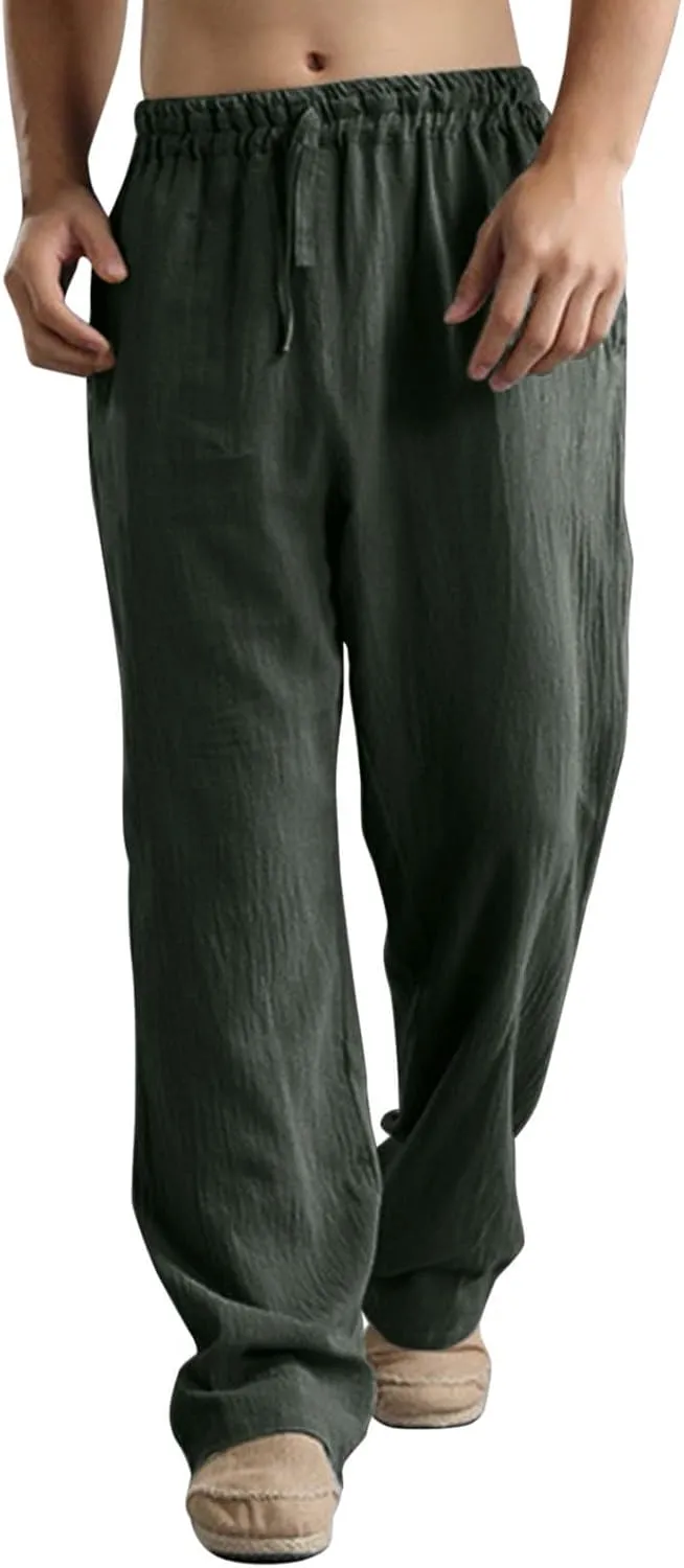 Linen Pants for Men Beach Classic Flat Front Chino Pants Casual Lightweight Straight Leg Summer Beach Trousers