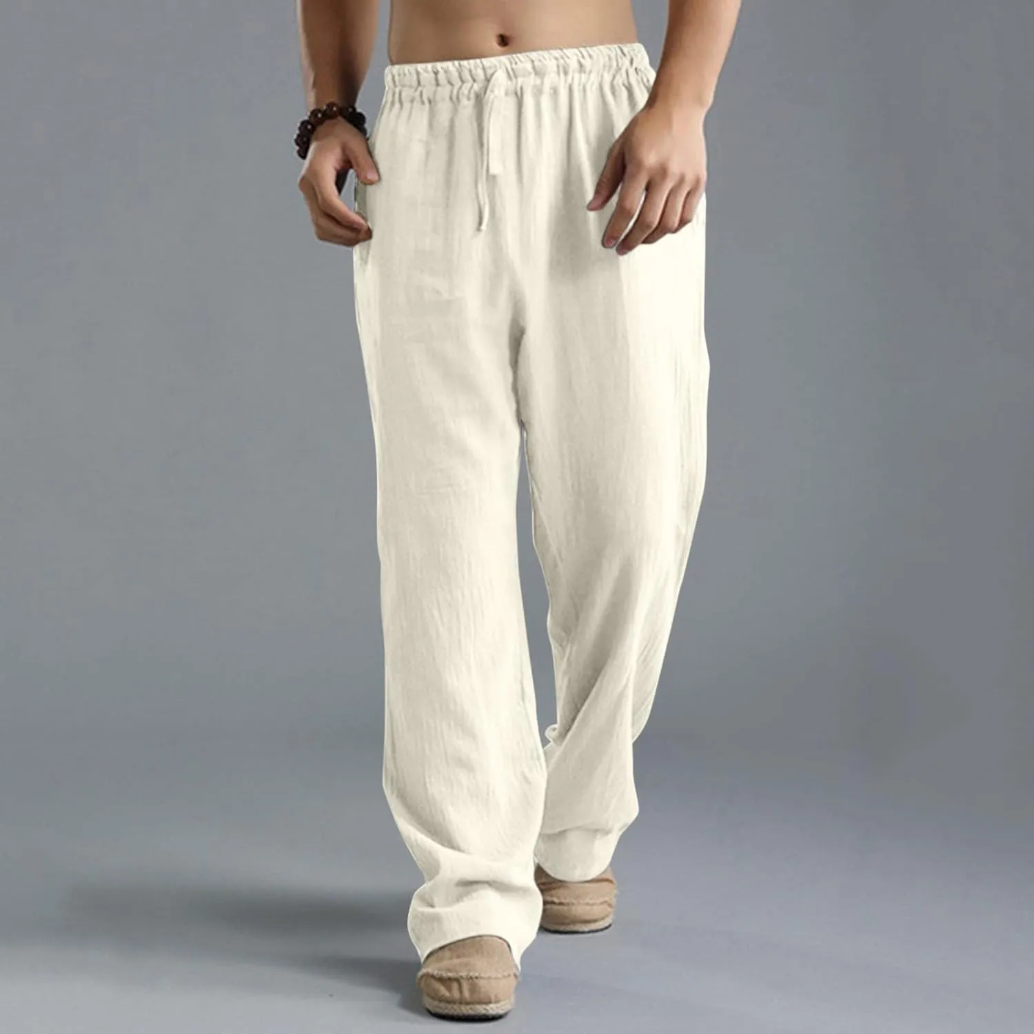 Linen Pants for Men Beach Classic Flat Front Chino Pants Casual Lightweight Straight Leg Summer Beach Trousers
