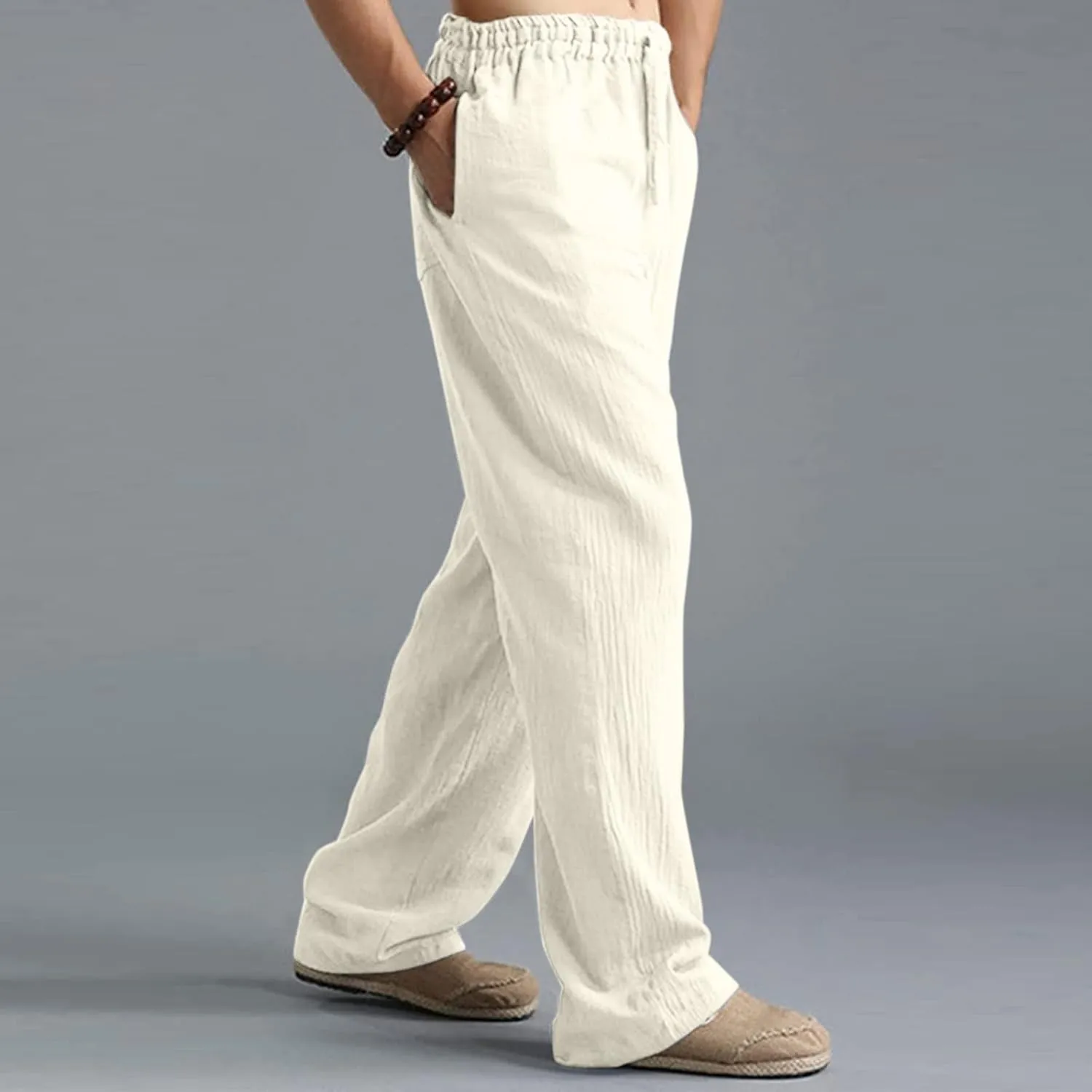 Linen Pants for Men Beach Classic Flat Front Chino Pants Casual Lightweight Straight Leg Summer Beach Trousers