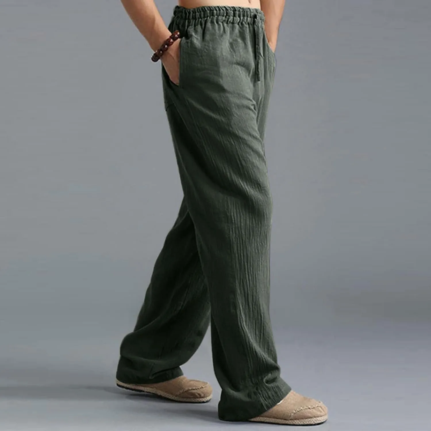 Linen Pants for Men Beach Classic Flat Front Chino Pants Casual Lightweight Straight Leg Summer Beach Trousers