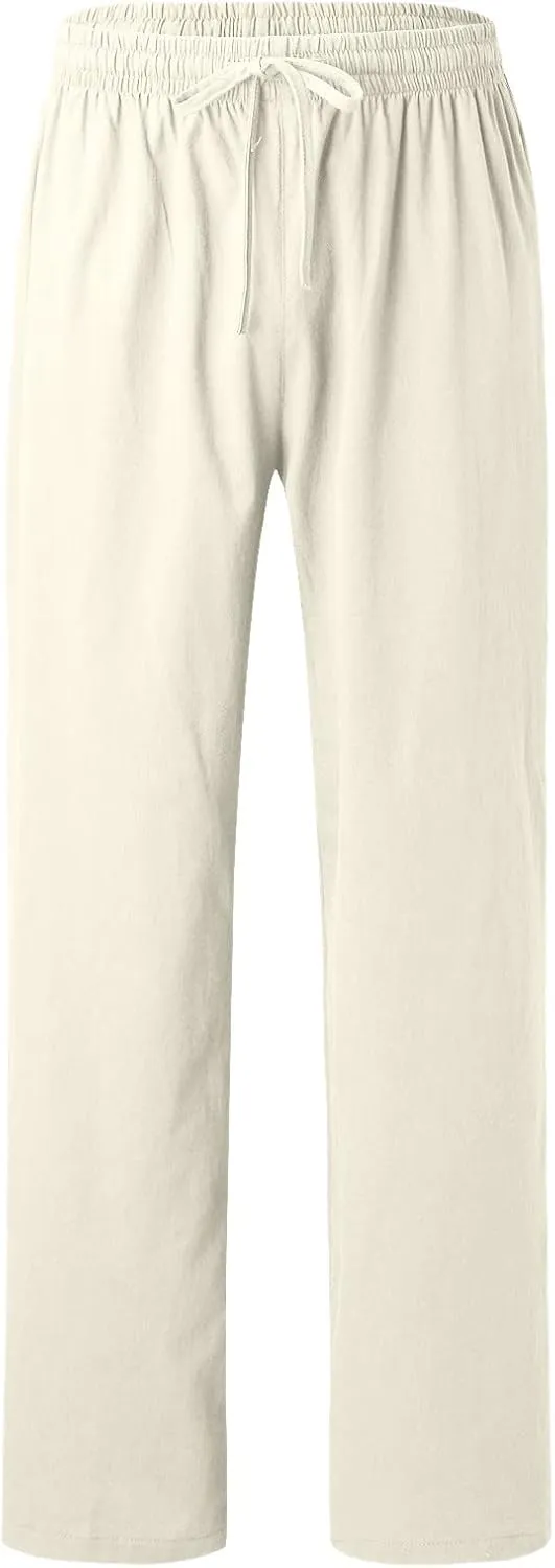 Linen Pants for Men Beach Classic Flat Front Chino Pants Casual Lightweight Straight Leg Summer Beach Trousers