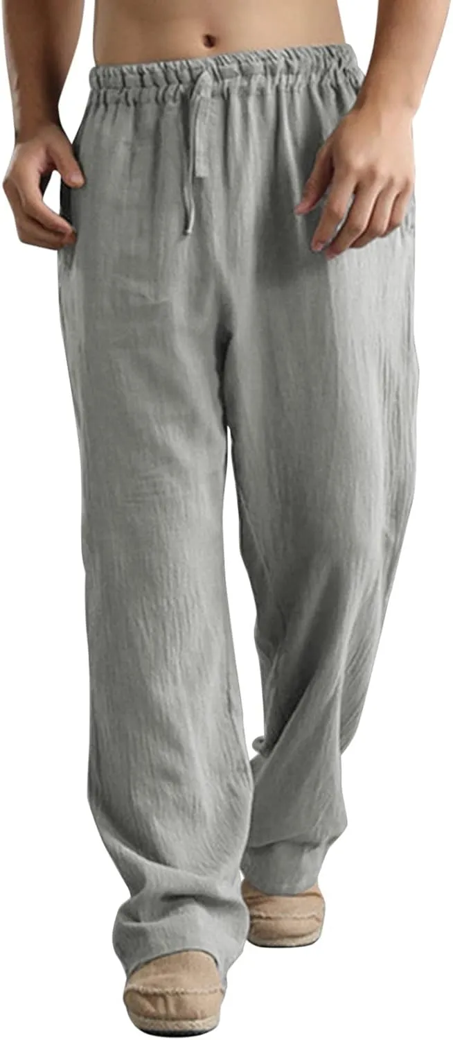 Linen Pants for Men Beach Classic Flat Front Chino Pants Casual Lightweight Straight Leg Summer Beach Trousers