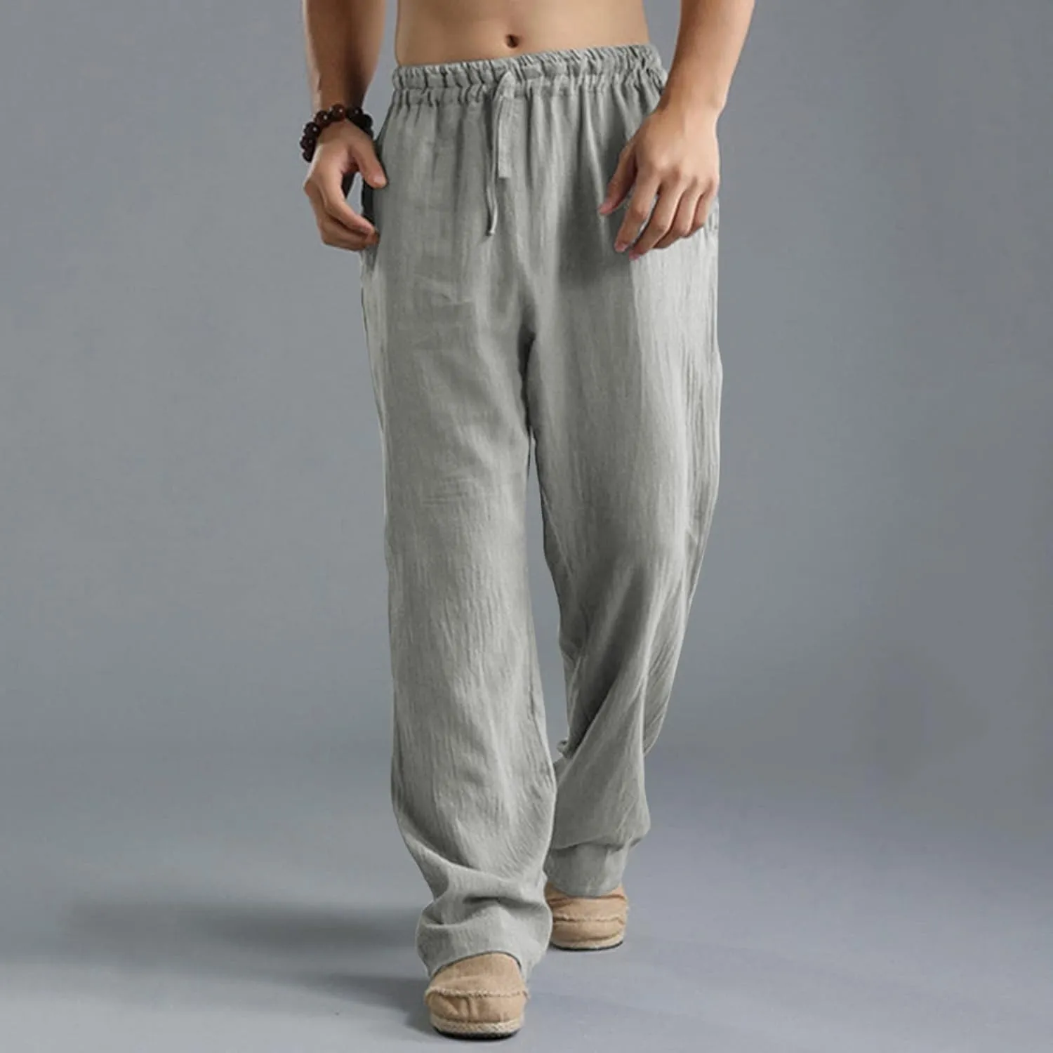 Linen Pants for Men Beach Classic Flat Front Chino Pants Casual Lightweight Straight Leg Summer Beach Trousers
