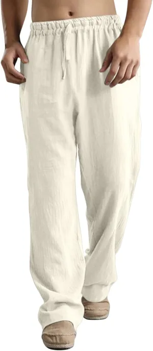 Linen Pants for Men Beach Classic Flat Front Chino Pants Casual Lightweight Straight Leg Summer Beach Trousers