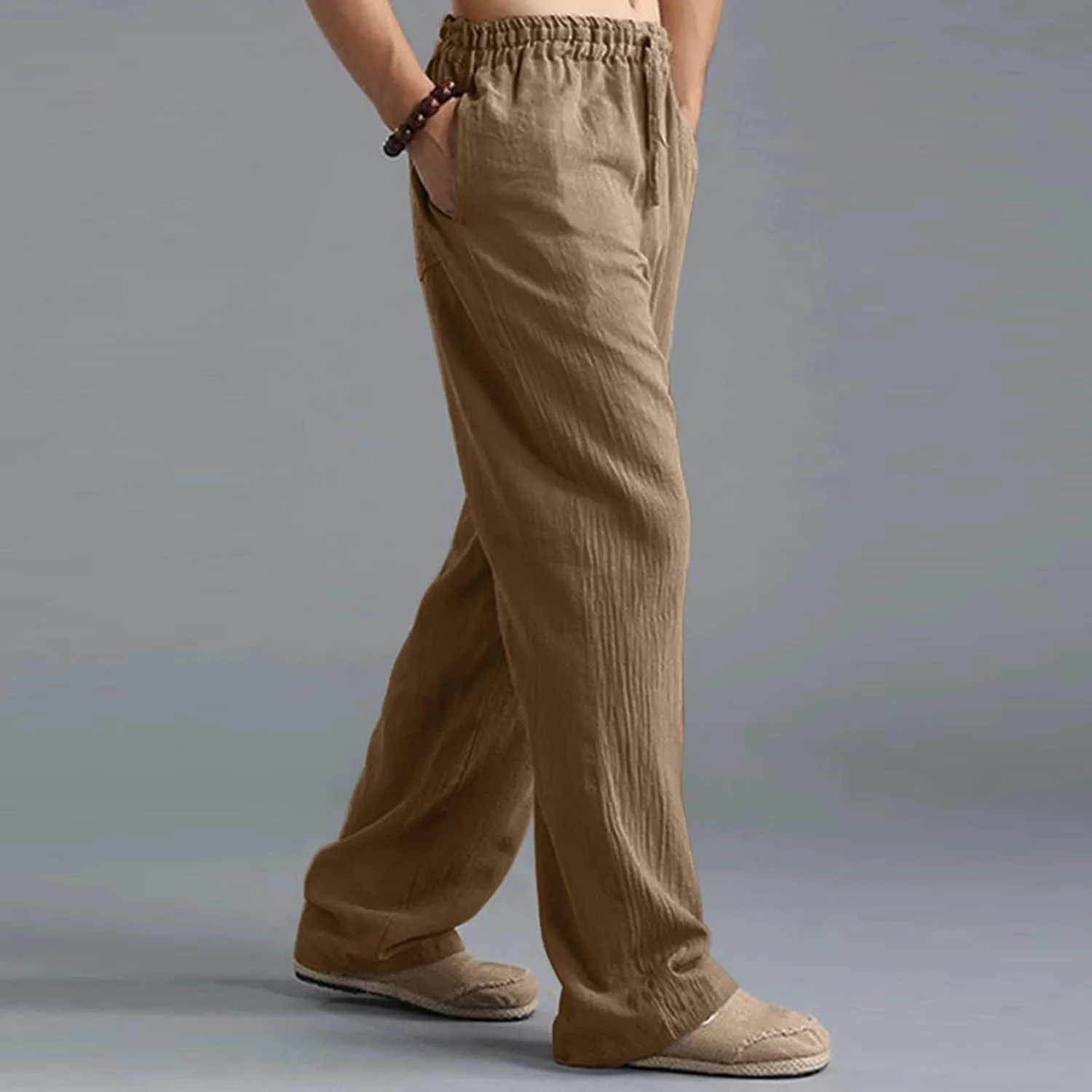 Linen Pants for Men Beach Classic Flat Front Chino Pants Casual Lightweight Straight Leg Summer Beach Trousers