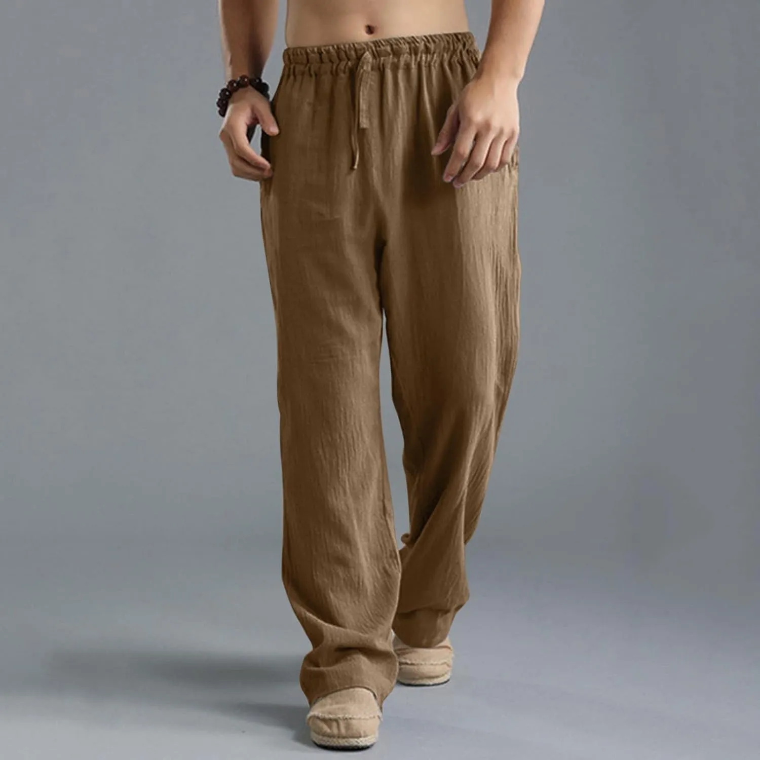 Linen Pants for Men Beach Classic Flat Front Chino Pants Casual Lightweight Straight Leg Summer Beach Trousers