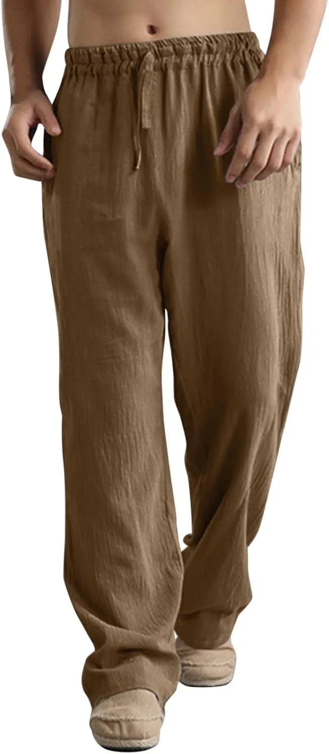 Linen Pants for Men Beach Classic Flat Front Chino Pants Casual Lightweight Straight Leg Summer Beach Trousers