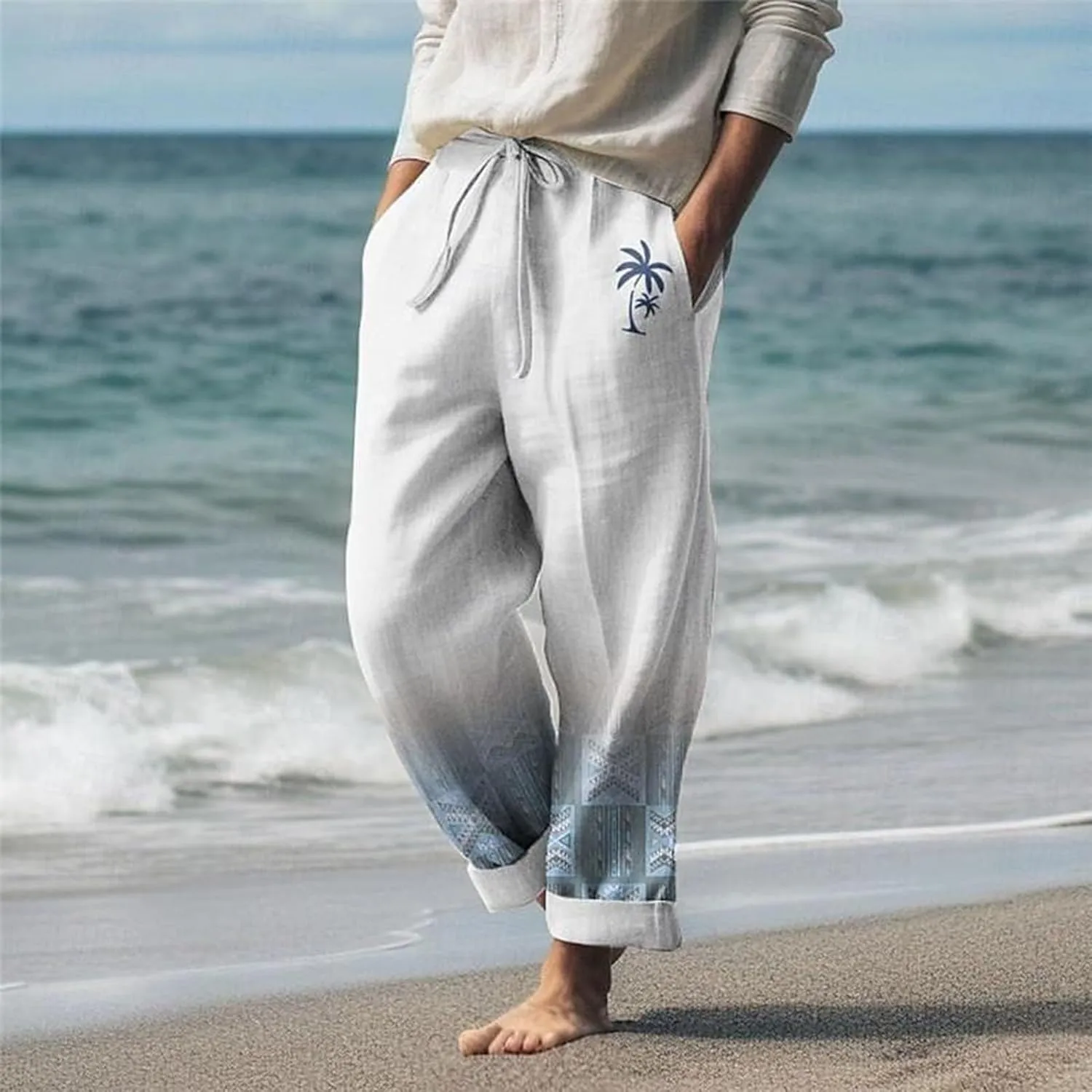 Linen Pants for Men Loose Fit Classic Flat Front Chino Pants Casual Lightweight Straight Leg Summer Beach Trousers