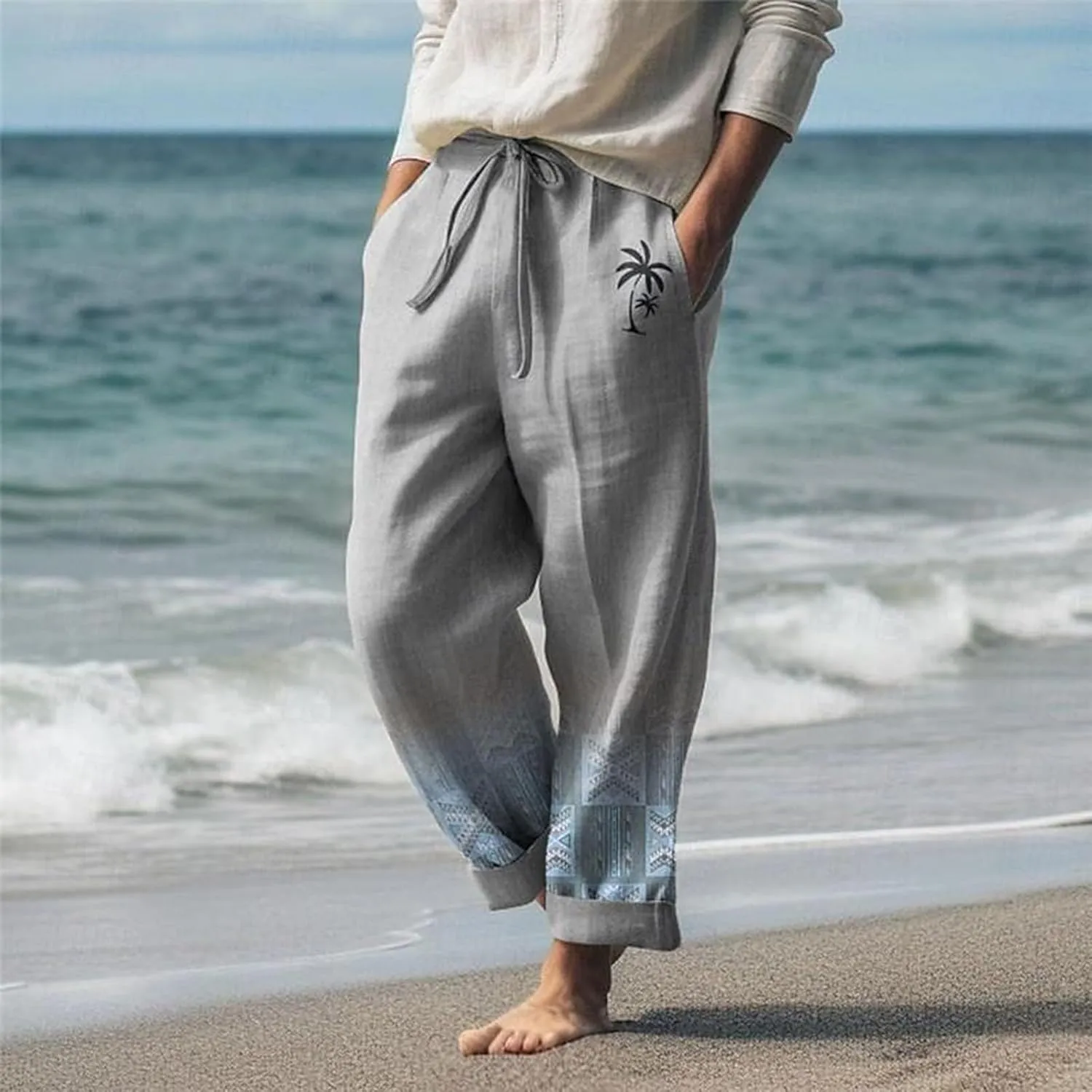 Linen Pants for Men Loose Fit Classic Flat Front Chino Pants Casual Lightweight Straight Leg Summer Beach Trousers