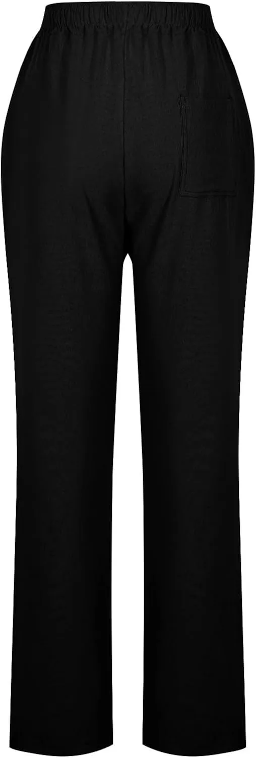 Linen Pants for Women Summer Casual Elastic Drawstring Waist Lightweight Pants Solid Wide Leg Trousers with Pockets