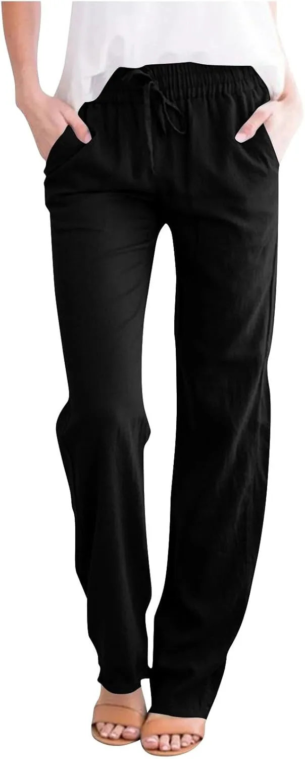Linen Pants for Women Summer Casual Elastic Drawstring Waist Lightweight Pants Solid Wide Leg Trousers with Pockets