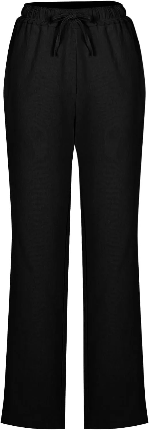 Linen Pants for Women Summer Casual Elastic Drawstring Waist Lightweight Pants Solid Wide Leg Trousers with Pockets
