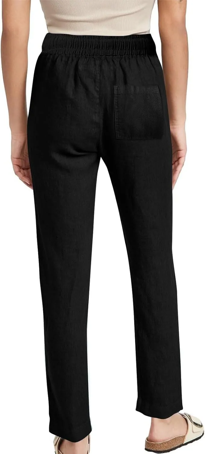Linen Pants for Women Summer Casual Elastic Drawstring Waist Lightweight Pants Solid Wide Leg Trousers with Pockets