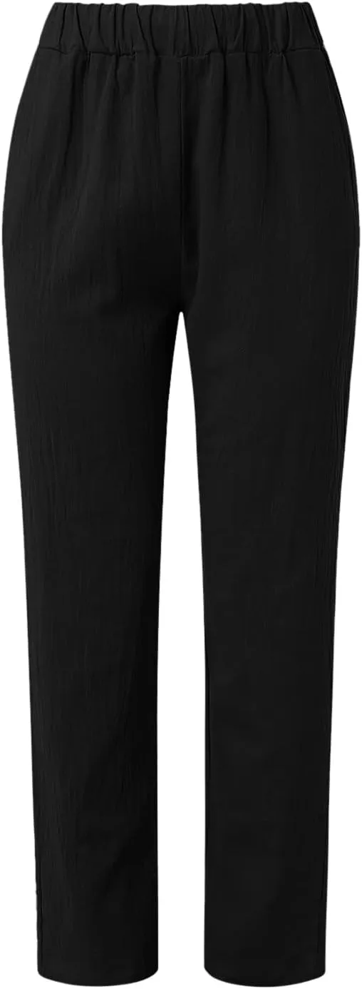 Linen Pants for Women Summer Drawstring Waist Wide Leg Pants Casual Elastic Waist Trouser Beach Trousers Outfits