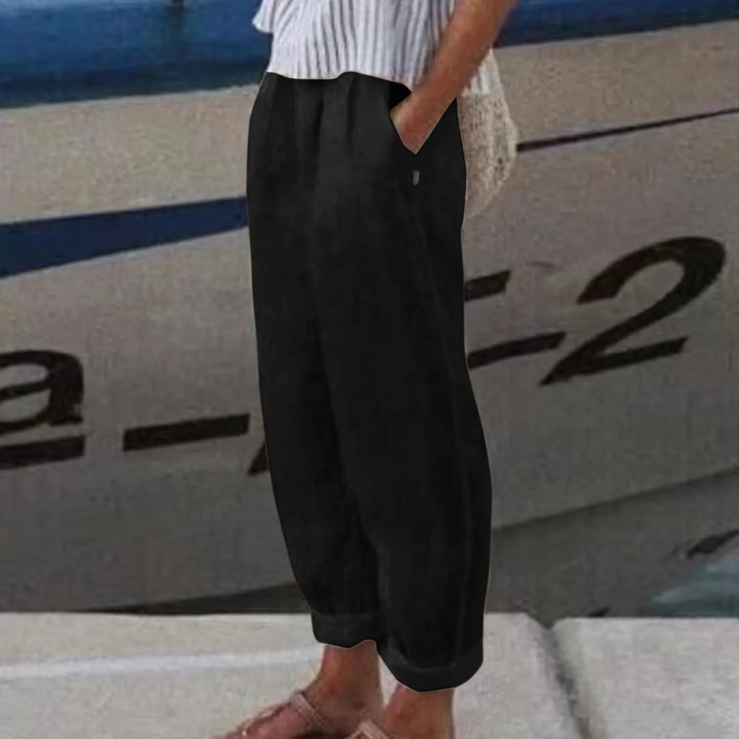 Linen Pants for Women Summer Drawstring Waist Wide Leg Pants Casual Elastic Waist Trouser Beach Trousers Outfits