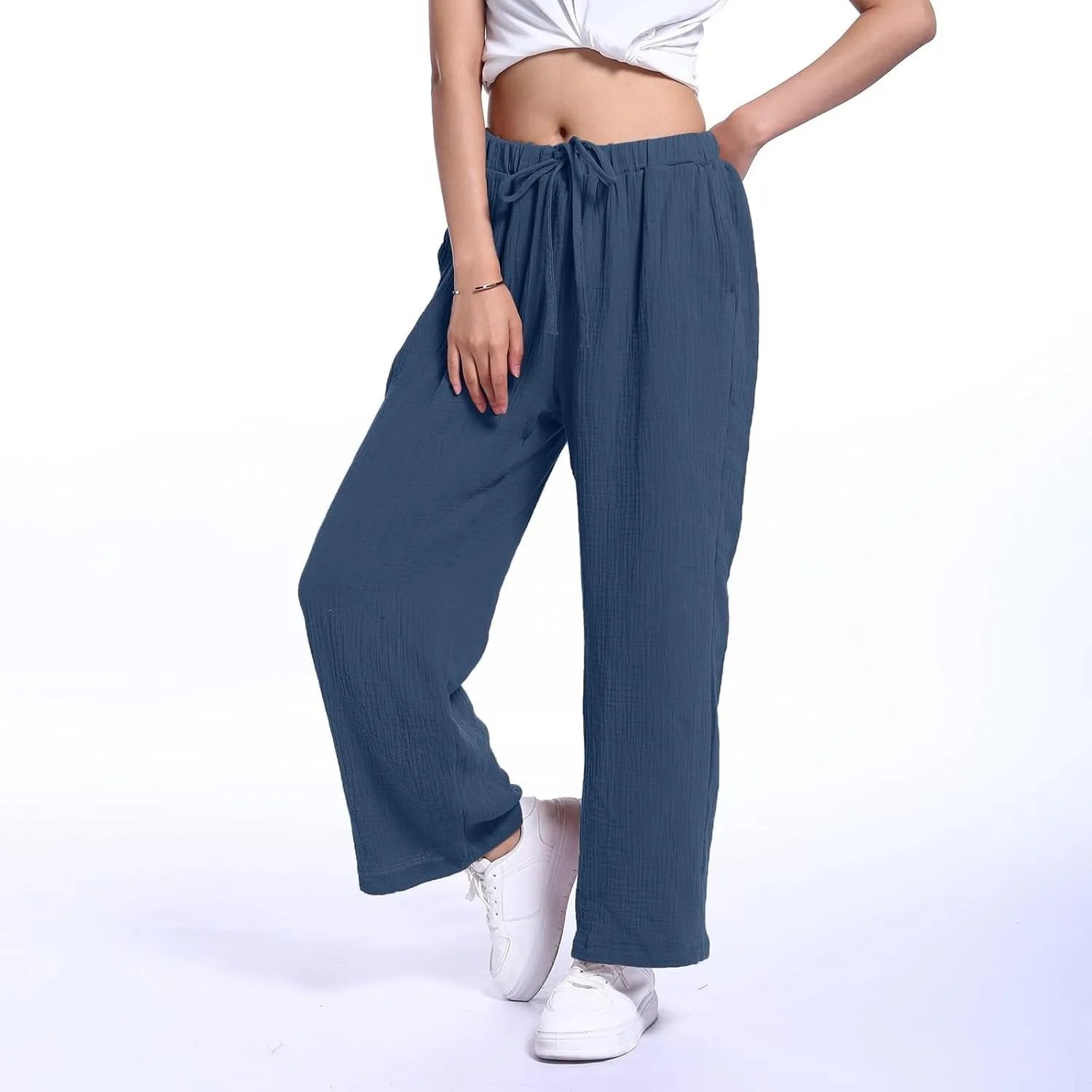 Linen Pants for Women Summer Drawstring Waist Wide Leg Pants Loose Lounge Palazzo Trouser Comfy Lounge Pants