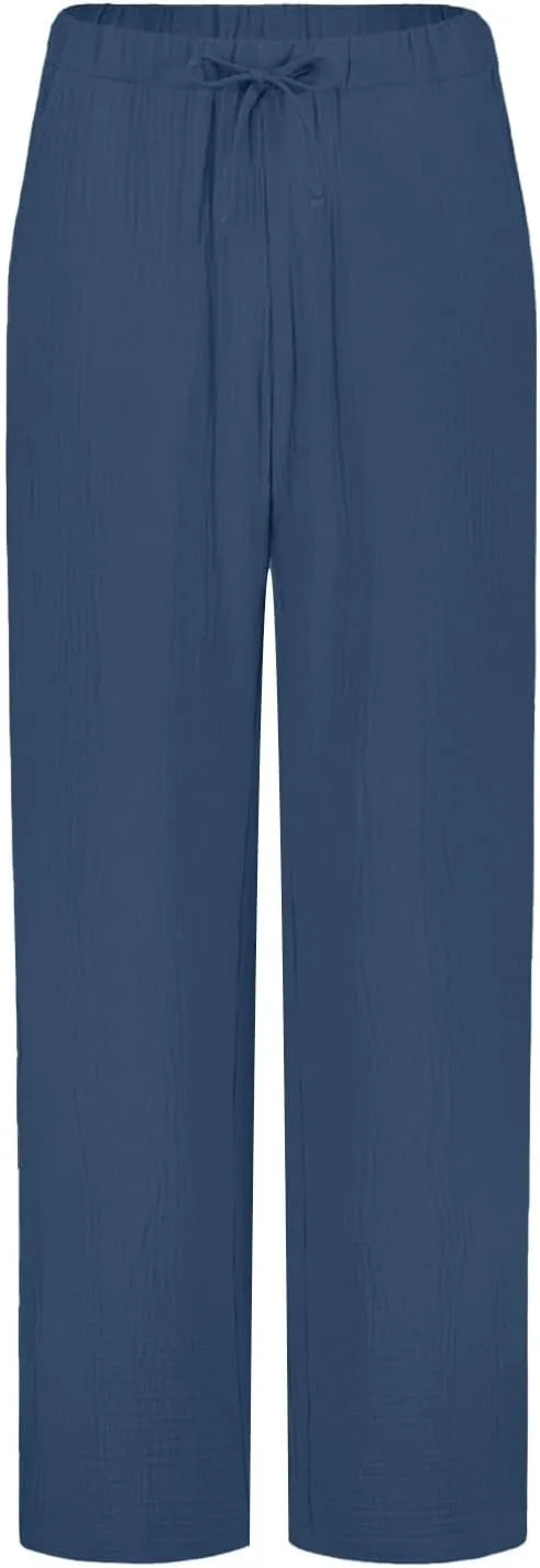 Linen Pants for Women Summer Drawstring Waist Wide Leg Pants Loose Lounge Palazzo Trouser Comfy Lounge Pants