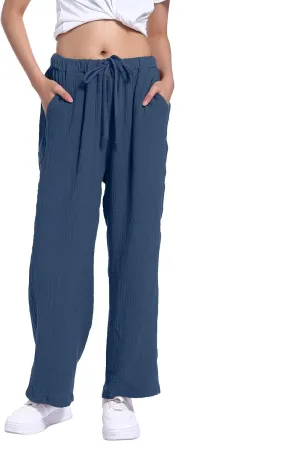 Linen Pants for Women Summer Drawstring Waist Wide Leg Pants Loose Lounge Palazzo Trouser Comfy Lounge Pants