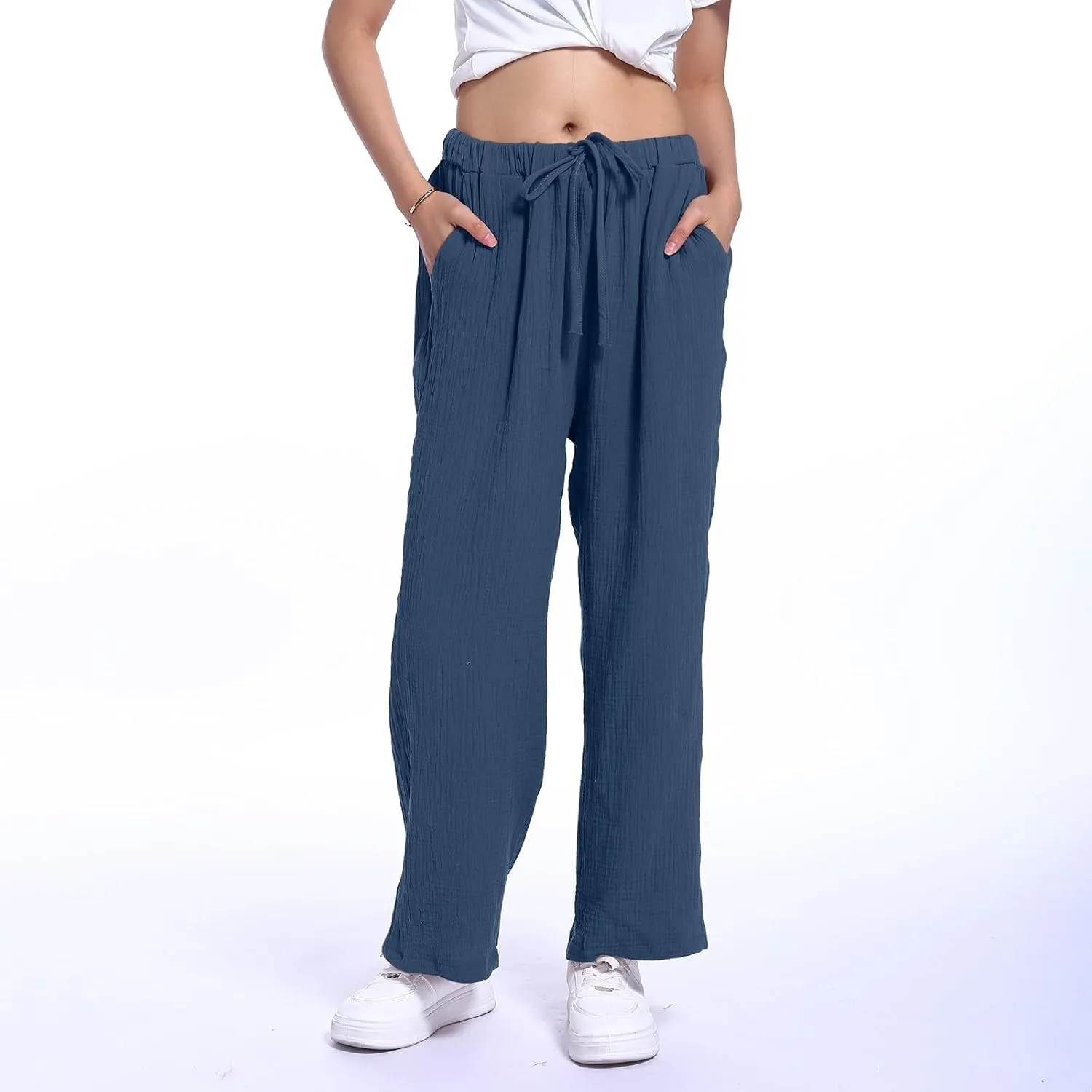 Linen Pants for Women Summer Drawstring Waist Wide Leg Pants Loose Lounge Palazzo Trouser Comfy Lounge Pants