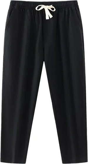 Linen Pants Men Tapered Leg Classic Flat Front Chino Pants Casual Lightweight Straight Leg Summer Beach Trousers