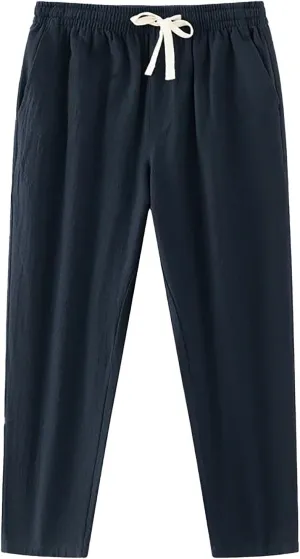 Linen Pants Men Tapered Leg Classic Flat Front Chino Pants Casual Lightweight Straight Leg Summer Beach Trousers