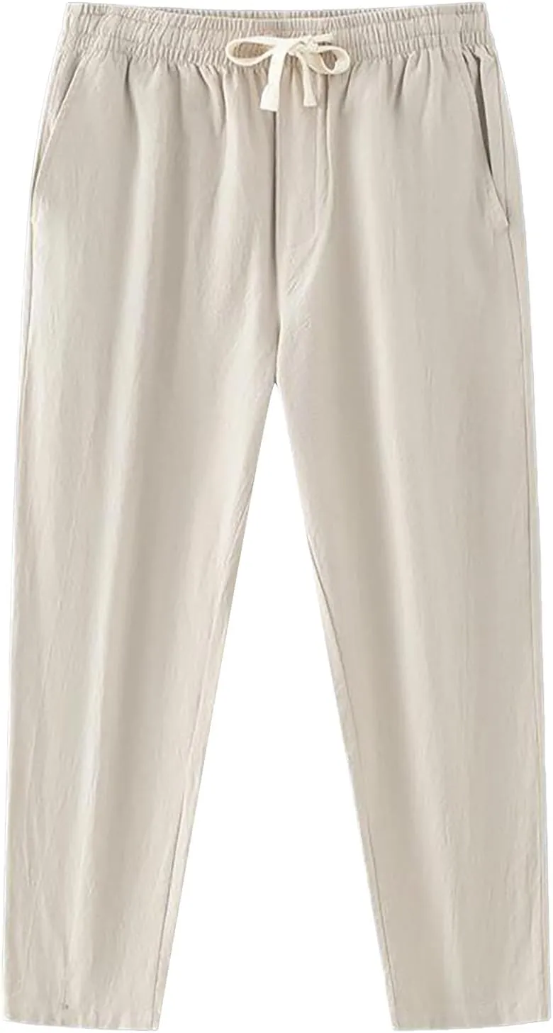 Linen Pants Men Tapered Leg Classic Flat Front Chino Pants Casual Lightweight Straight Leg Summer Beach Trousers