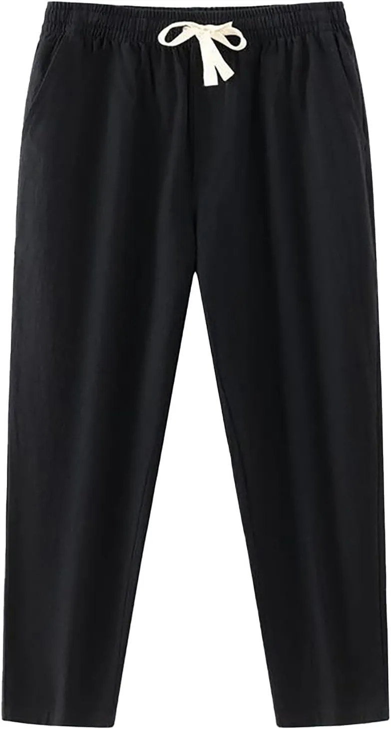 Linen Pants Men Tapered Leg Classic Flat Front Chino Pants Casual Lightweight Straight Leg Summer Beach Trousers
