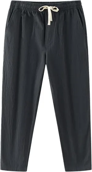 Linen Pants Men Tapered Leg Classic Flat Front Chino Pants Casual Lightweight Straight Leg Summer Beach Trousers