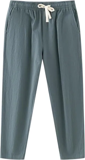 Linen Pants Men Tapered Leg Classic Flat Front Chino Pants Casual Lightweight Straight Leg Summer Beach Trousers