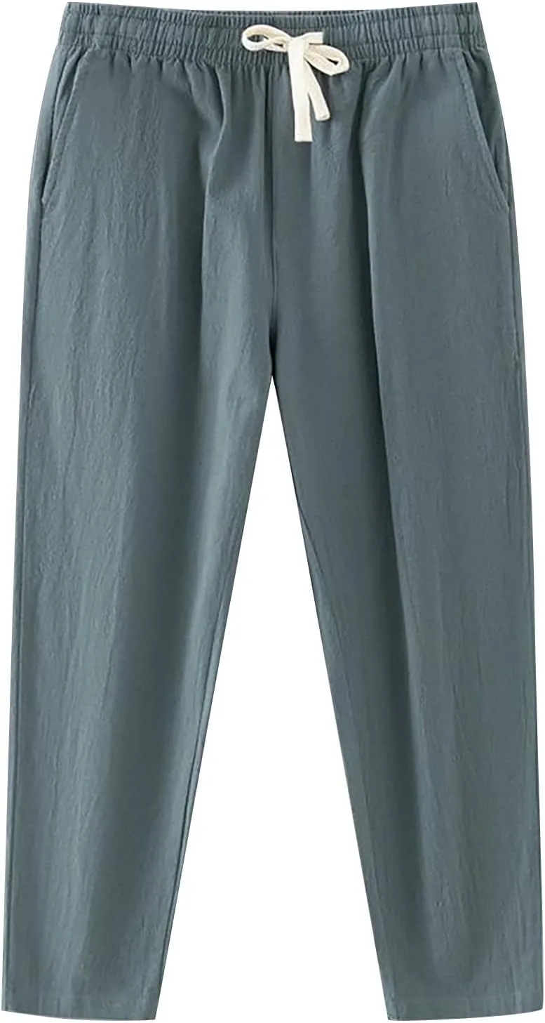 Linen Pants Men Tapered Leg Classic Flat Front Chino Pants Casual Lightweight Straight Leg Summer Beach Trousers