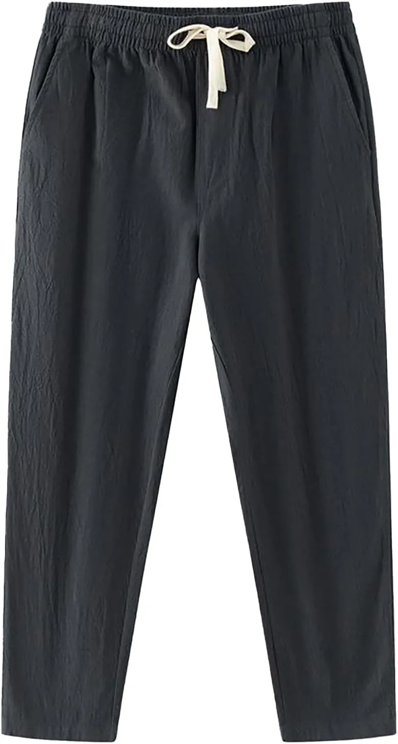 Linen Pants Men Tapered Leg Classic Flat Front Chino Pants Casual Lightweight Straight Leg Summer Beach Trousers