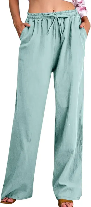 Linen Pants Women High Waisted Drawstring Palazzo Pant 2025 Summer Flowy Cotton Linen Beach Slack Trousers with Pocket