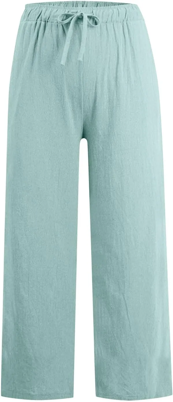 Linen Pants Women High Waisted Drawstring Palazzo Pant 2025 Summer Flowy Cotton Linen Beach Slack Trousers with Pocket