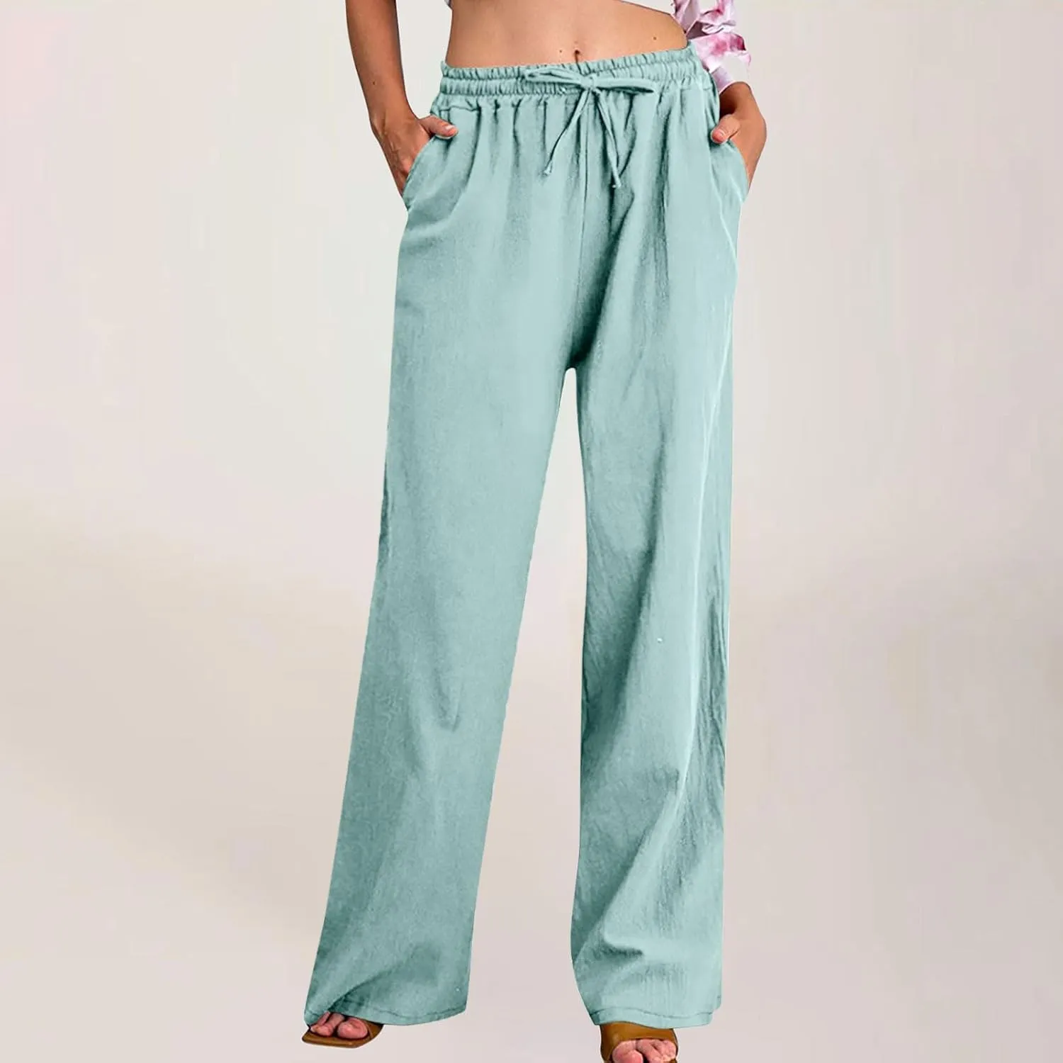 Linen Pants Women High Waisted Drawstring Palazzo Pant 2025 Summer Flowy Cotton Linen Beach Slack Trousers with Pocket