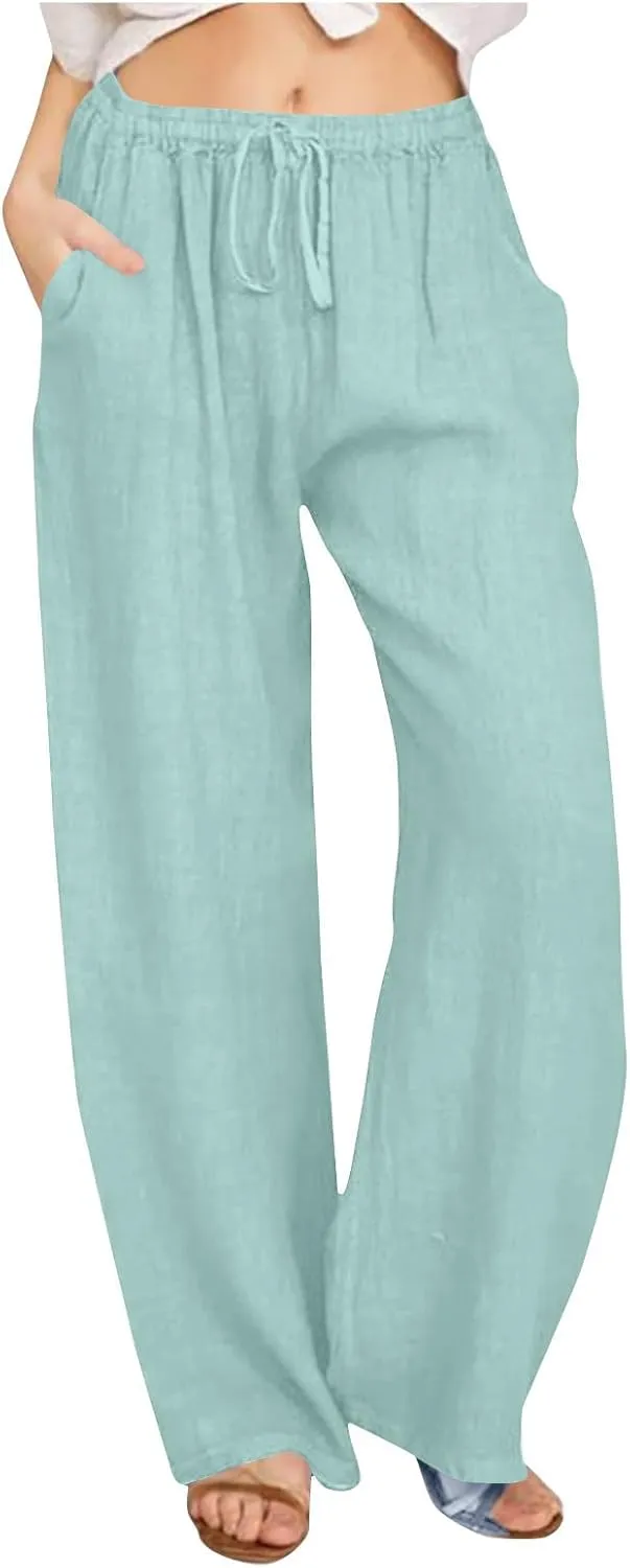 Linen Pants Women High Waisted Drawstring Palazzo Pant 2025 Summer Flowy Cotton Linen Beach Slack Trousers with Pocket